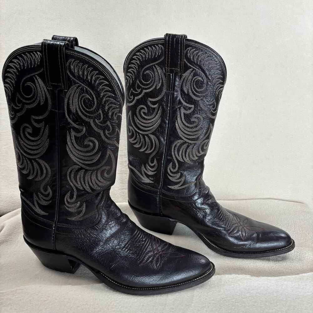 Vintage Olathe Leather cowboy boots USA Made 10AAA unique embroidery Black/brown